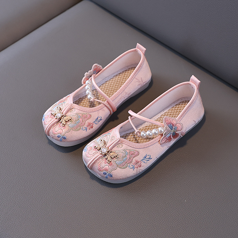 Gyerekeknek szóló, etnikus stílusú pillangó hímzéses lapos cipő, selyem felső, textil belső, TPR talp, elasztikus zárás, 1–16 éveseknek