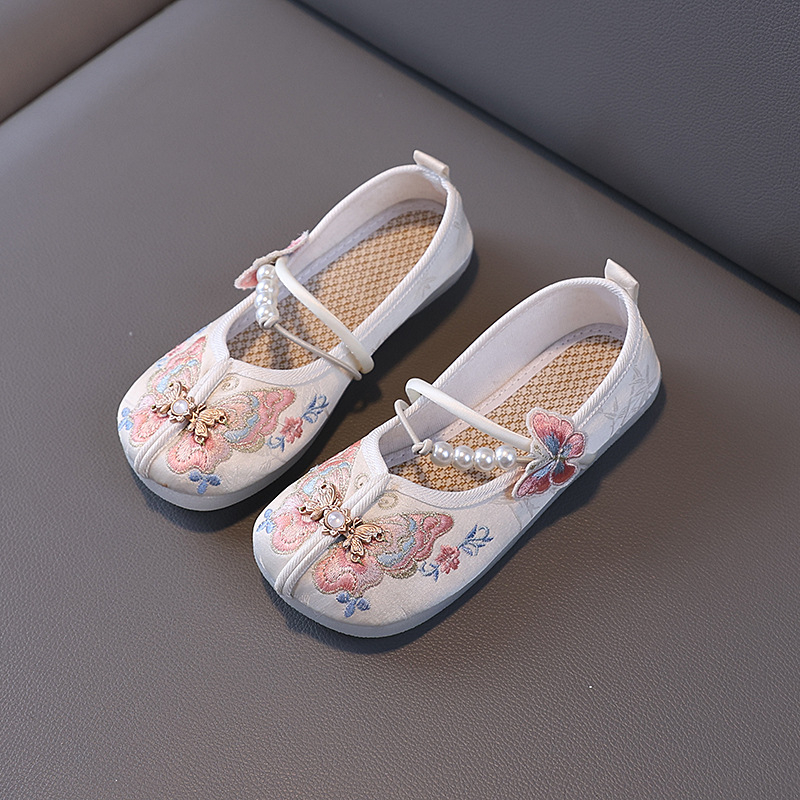 Gyerekeknek szóló, etnikus stílusú pillangó hímzéses lapos cipő, selyem felső, textil belső, TPR talp, elasztikus zárás, 1–16 éveseknek