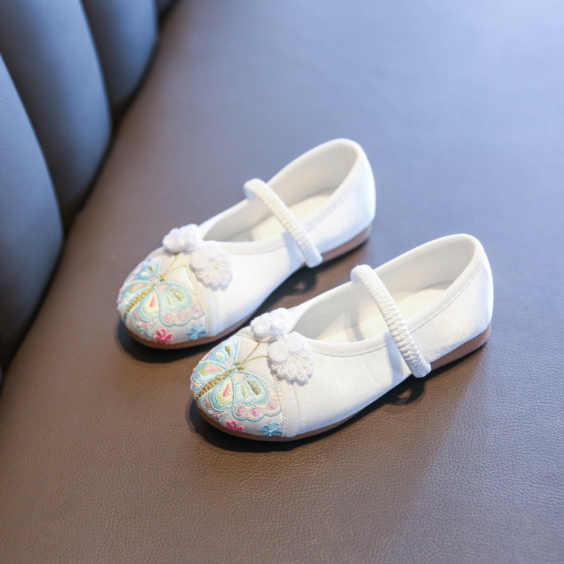 Gyerekeknek készült hímzett textilcipő, kézzel készített, Kínai Köztársaság stílusú tánccipő, felsőrész mikroszálas, belső hálós bélés, PU talp, gumitalp, zárás rugalmas pánttal