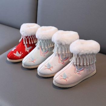 Lányoknak szóló Hanfu-stílusú selyem balerina cipő plüss hímzéssel, 2 éveseknek, szintetikus gumitalppal