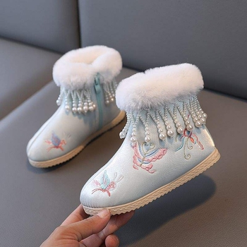 Lányoknak szóló Hanfu-stílusú selyem balerina cipő plüss hímzéssel, 2 éveseknek, szintetikus gumitalppal