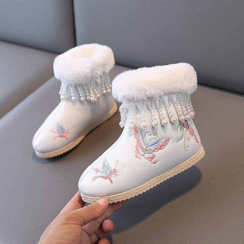 Lányoknak szóló Hanfu-stílusú selyem balerina cipő plüss hímzéssel, 2 éveseknek, szintetikus gumitalppal