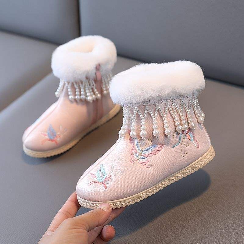 Lányoknak szóló Hanfu-stílusú selyem balerina cipő plüss hímzéssel, 2 éveseknek, szintetikus gumitalppal