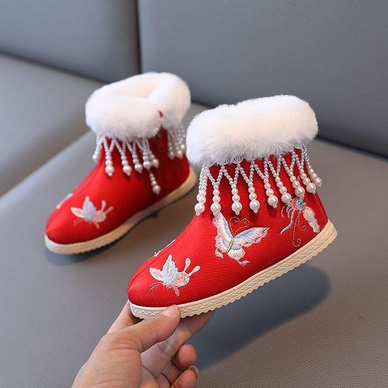 Lányoknak szóló Hanfu-stílusú selyem balerina cipő plüss hímzéssel, 2 éveseknek, szintetikus gumitalppal