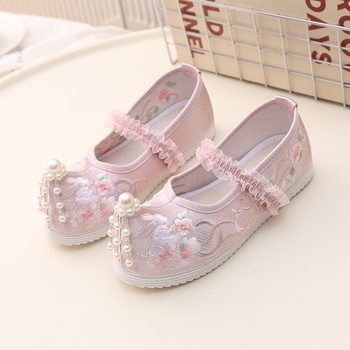 Mergaitėms Hanfu bateliai, etninio stiliaus, viršus iš drobės, PU vidus, elastinė juostelė užsegimui