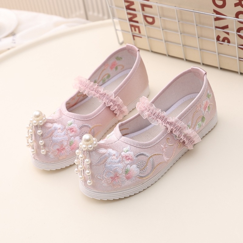 Hanfu gyerekcipő lányoknak, etnikus stílus, vászon felsőrész, PU belső, elasztikus szalag záródással