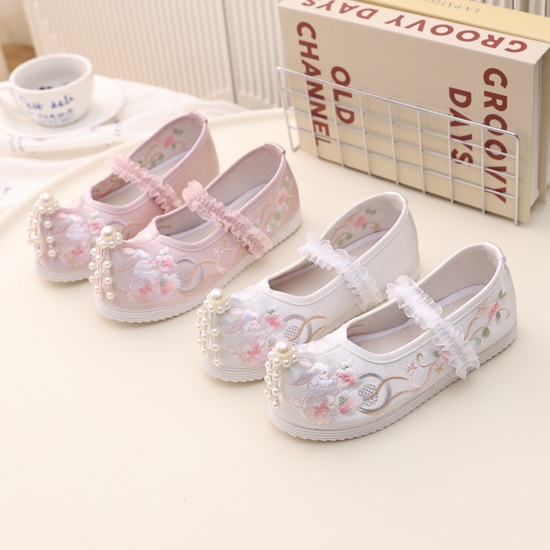 Hanfu gyerekcipő lányoknak, etnikus stílus, vászon felsőrész, PU belső, elasztikus szalag záródással