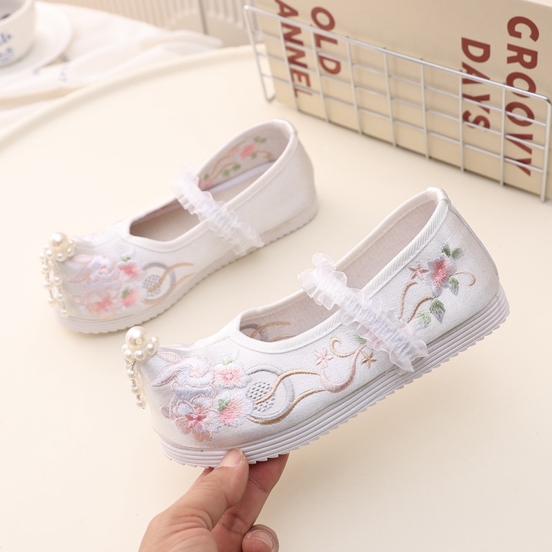 Mergaitėms Hanfu bateliai, etninio stiliaus, viršus iš drobės, PU vidus, elastinė juostelė užsegimui