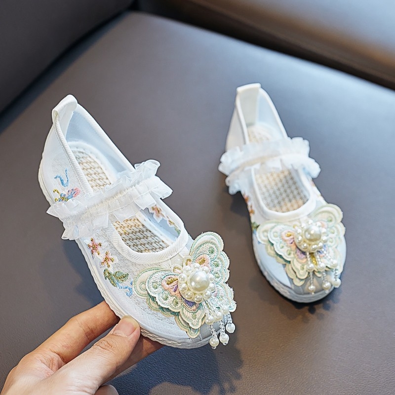 Κοριτσίστικα σανδάλια με κεντημένο πλέγμα στην επάνω επιφάνεια, παραδοσιακό κινεζικό στυλ, ελαστικό λουρί κλεισίματος, ηλικίες 3–12