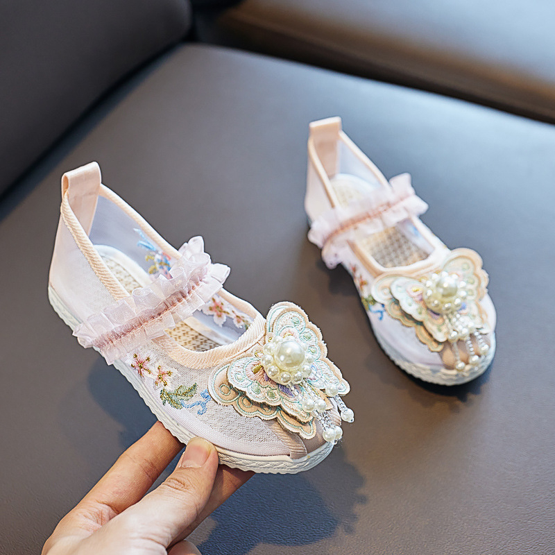 Κοριτσίστικα σανδάλια με κεντημένο πλέγμα στην επάνω επιφάνεια, παραδοσιακό κινεζικό στυλ, ελαστικό λουρί κλεισίματος, ηλικίες 3–12