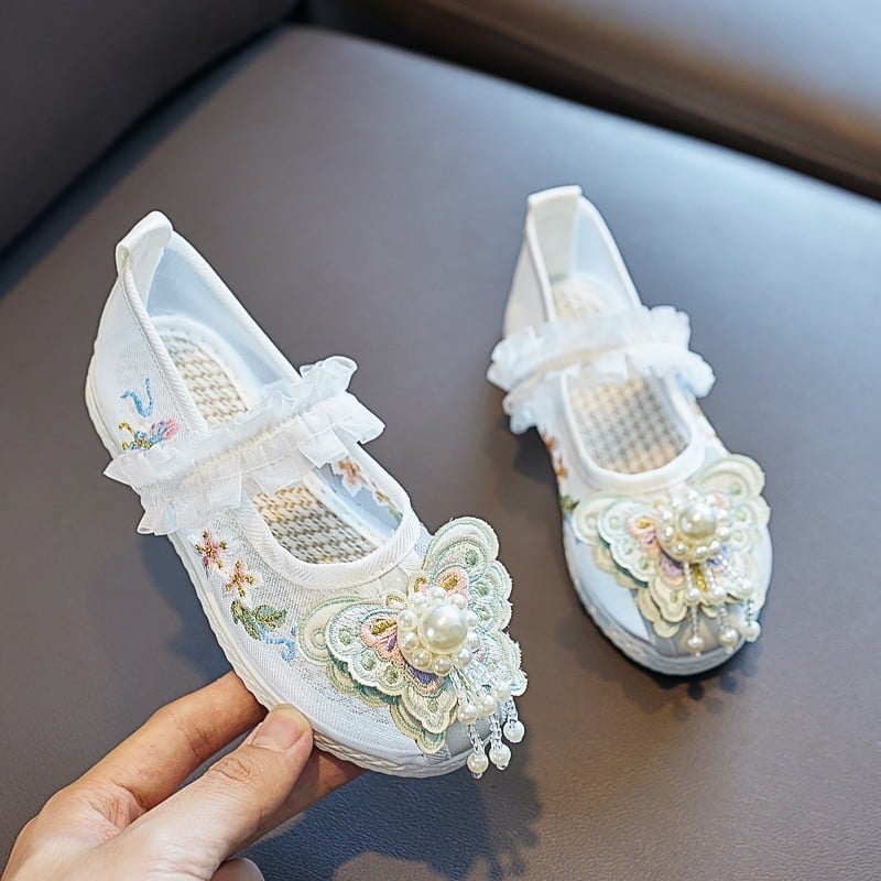 Κοριτσίστικα σανδάλια με κεντημένο πλέγμα στην επάνω επιφάνεια, παραδοσιακό κινεζικό στυλ, ελαστικό λουρί κλεισίματος, ηλικίες 3–12