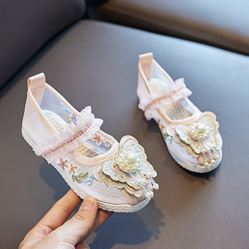 Κοριτσίστικα σανδάλια με κεντημένο πλέγμα στην επάνω επιφάνεια, παραδοσιακό κινεζικό στυλ, ελαστικό λουρί κλεισίματος, ηλικίες 3–12