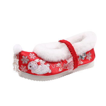 [Snow Rabbit] 2024 tél lány cipők etnikus stílusban, hímzett – satin felső, elasztikus pánt, műszálas bélés, tehénin-szárnyú talp