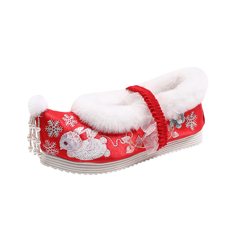 [Snow Rabbit] 2024 tél lány cipők etnikus stílusban, hímzett – satin felső, elasztikus pánt, műszálas bélés, tehénin-szárnyú talp