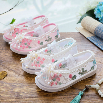Детски обувки за момичета с бродерия и мрежеста горна част - етно стил, ластична лента, стелка от плат, подметка TPR