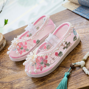 Детски обувки за момичета с бродерия и мрежеста горна част - етно стил, ластична лента, стелка от плат, подметка TPR