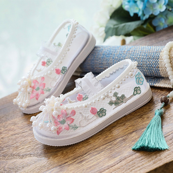 Детски обувки за момичета с бродерия и мрежеста горна част - етно стил, ластична лента, стелка от плат, подметка TPR