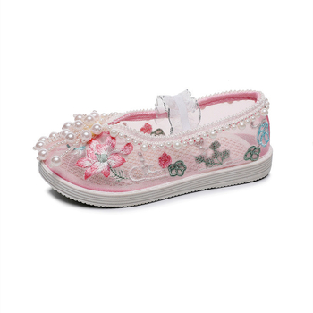 Детски обувки за момичета с бродерия и мрежеста горна част - етно стил, ластична лента, стелка от плат, подметка TPR