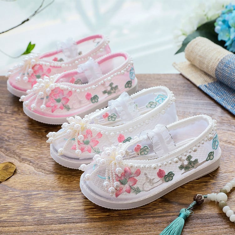Детски обувки за момичета с бродерия и мрежеста горна част - етно стил, ластична лента, стелка от плат, подметка TPR