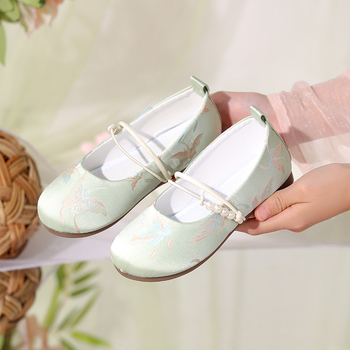 Lány Hanfu cipő, etnikus stílusú, hímzett pamut felső rész, talpbetét textil, gumírozott talp