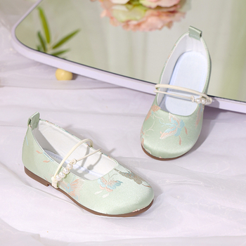 Lány Hanfu cipő, etnikus stílusú, hímzett pamut felső rész, talpbetét textil, gumírozott talp