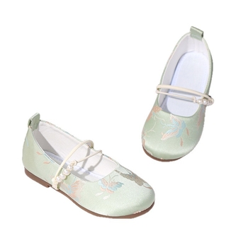 Lány Hanfu cipő, etnikus stílusú, hímzett pamut felső rész, talpbetét textil, gumírozott talp