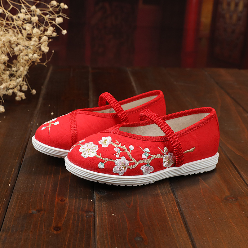 Ханфу бродирани танцови обувки за момичета – горна част от коприна, подметка от бичи сухожилия, етнически модел, стил национален вятър