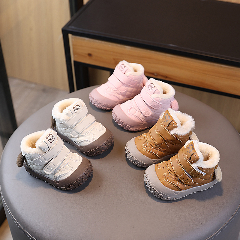 Zimske cipele za bebe 1–3 godine, mekana potplata, topla fleece podstava, sintetička koža, jednobojni dizajn, Velcro zatvarač, protuklizna potplata, unisex