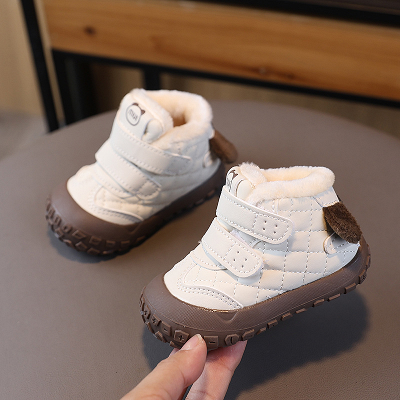 Zimske cipele za bebe 1–3 godine, mekana potplata, topla fleece podstava, sintetička koža, jednobojni dizajn, Velcro zatvarač, protuklizna potplata, unisex
