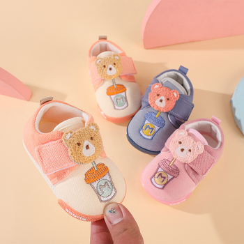 Meke potplate bebe cipele za 6–12 mjeseci, protuklizne i prozračne, Velcro kopča, potplat od telećeg tetiva, gornji dio od pamuka, Bear Milk Tea serija