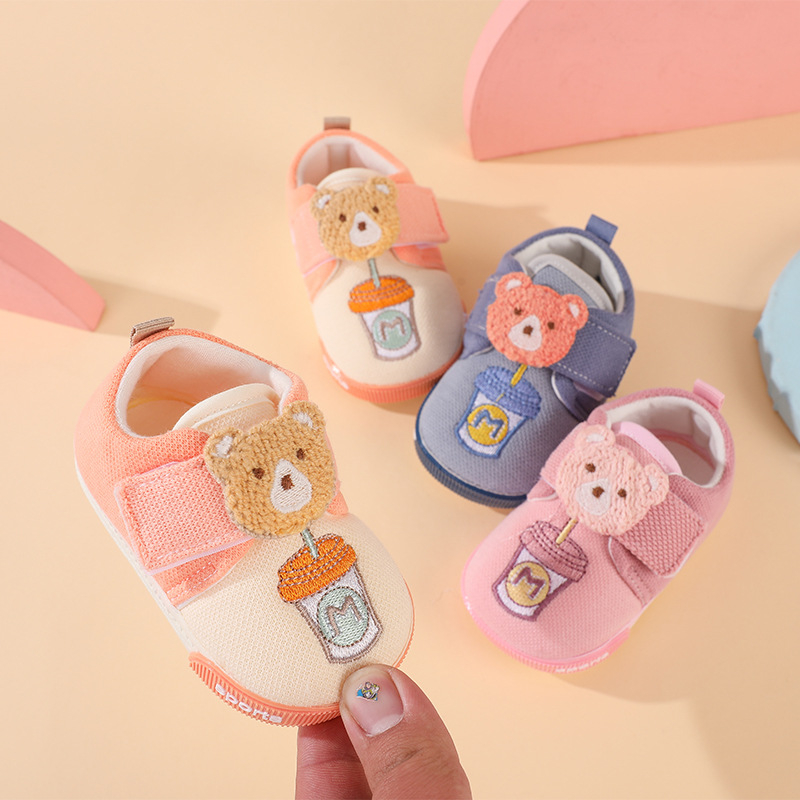 Meke potplate bebe cipele za 6–12 mjeseci, protuklizne i prozračne, Velcro kopča, potplat od telećeg tetiva, gornji dio od pamuka, Bear Milk Tea serija