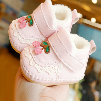 Pantofi pentru bebelușe fete în stil prințesă, Velcro, căptușeală groasă pentru iarnă, talpă antiaderentă PVC, 6-12 luni