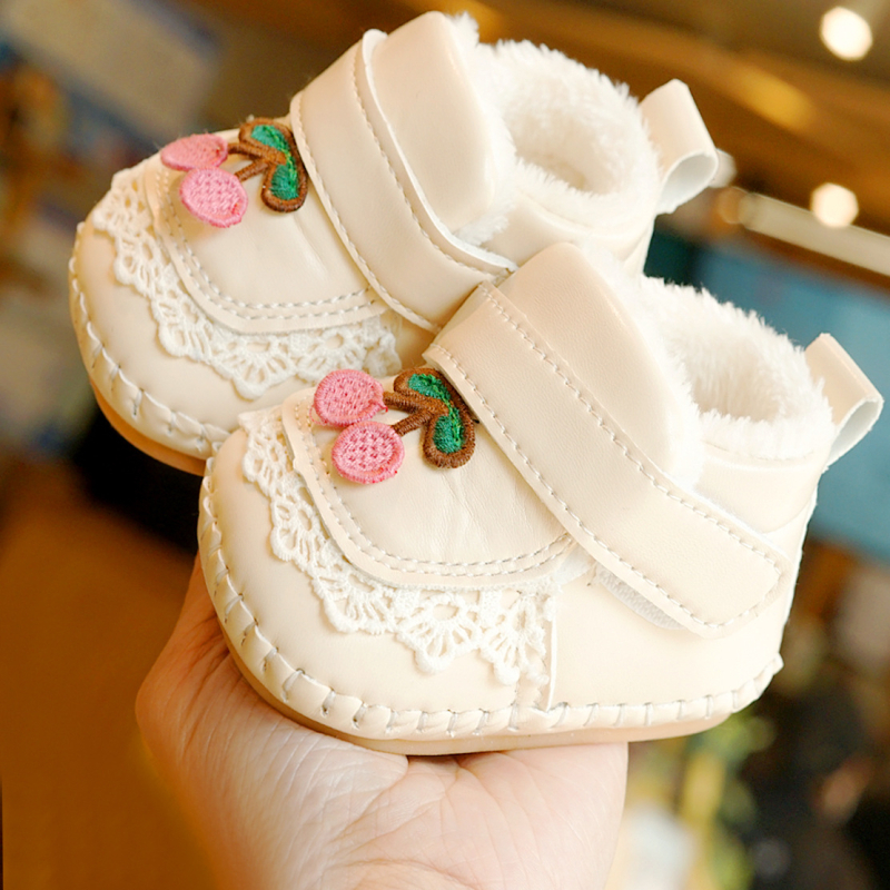Pantofi pentru bebelușe fete în stil prințesă, Velcro, căptușeală groasă pentru iarnă, talpă antiaderentă PVC, 6-12 luni