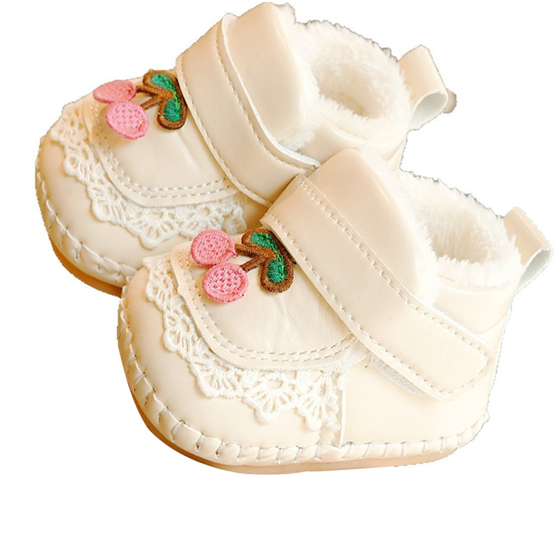 Pantofi pentru bebelușe fete în stil prințesă, Velcro, căptușeală groasă pentru iarnă, talpă antiaderentă PVC, 6-12 luni