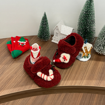 Pantofi din bumbac pentru copii, cu căptușeală de blană, suprafața din țesătură, închidere Velcro, model desen animat