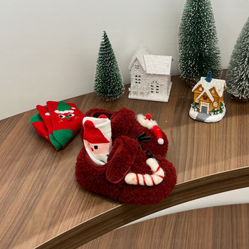 Pantofi din bumbac pentru copii, cu căptușeală de blană, suprafața din țesătură, închidere Velcro, model desen animat