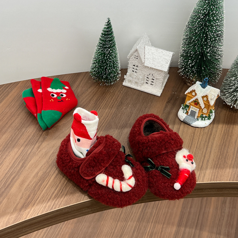 Pantofi din bumbac pentru copii, cu căptușeală de blană, suprafața din țesătură, închidere Velcro, model desen animat