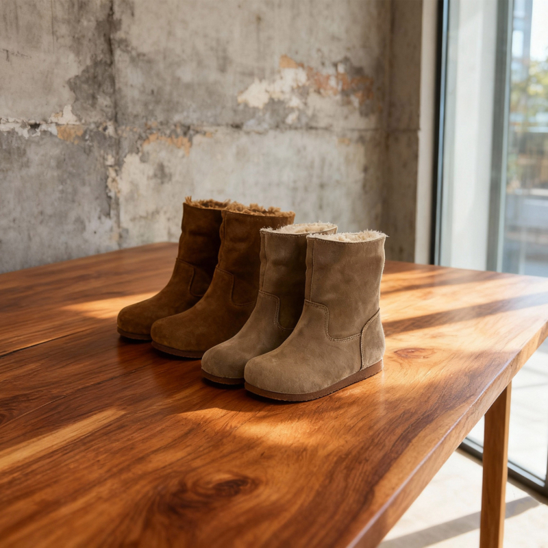 Ghete de iarnă pentru fete, piele de vită, slip-on, gleznă joasă, căptușite cu blană artificială, antiderapante, calde pentru iarnă