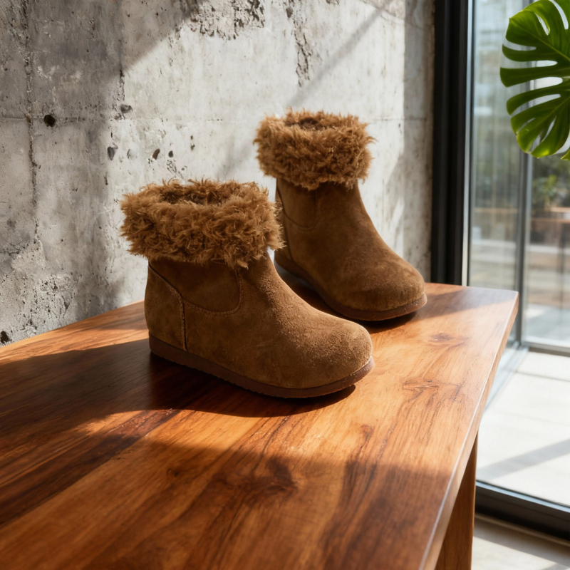 Ghete de iarnă pentru fete, piele de vită, slip-on, gleznă joasă, căptușite cu blană artificială, antiderapante, calde pentru iarnă