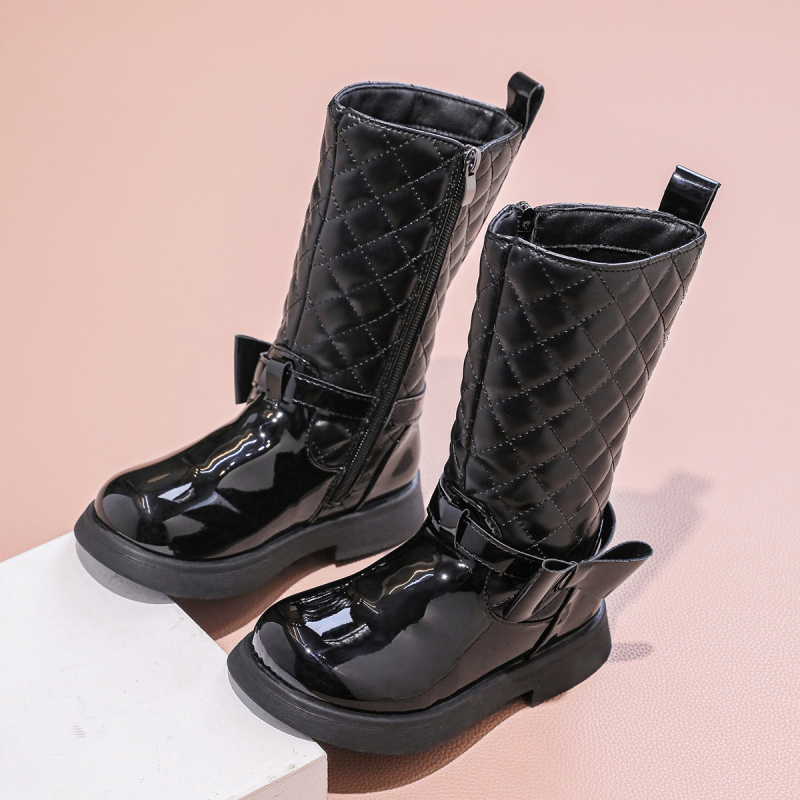 Момичешки високи ботуши в британски стил, принцесен дизайн, PU горна част, странична ципа, гумена подметка, за момичета 4–16 години