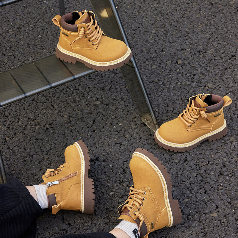 Ghete Martin pentru copii, din piele de vită, fermoar lateral, talpă din cauciuc, branț textil