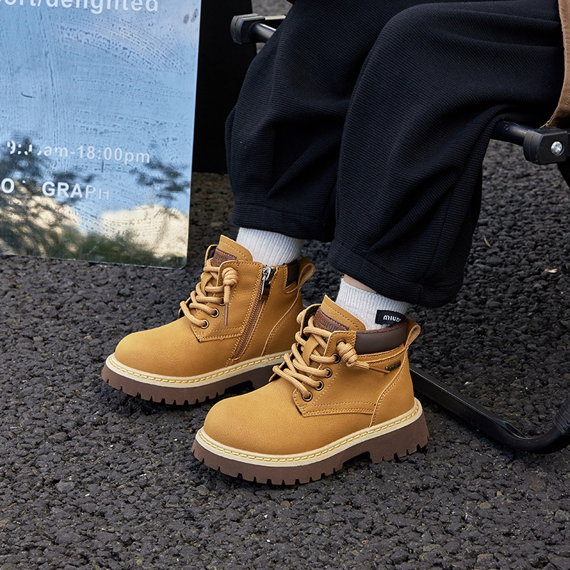 Ghete Martin pentru copii, din piele de vită, fermoar lateral, talpă din cauciuc, branț textil