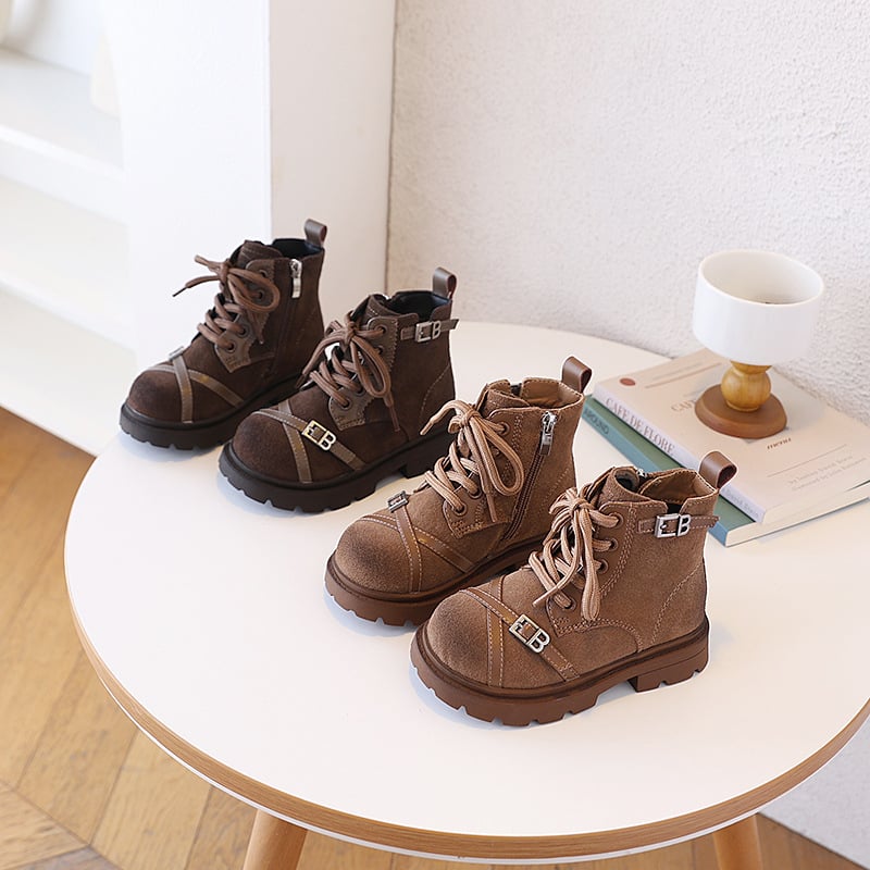 Lányoknak szánt Martin bakancsok, tehén split bőrrel, gumírozott talp, oldalsó cipzár, ősz–tél 2025, 4–12 éveseknek