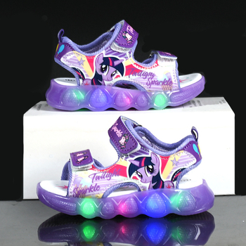 Sandale de plajă pentru fete cu prințesa din desene animate, închidere Velcro, partea superioară din piele sintetică, talpă TPR, lumini