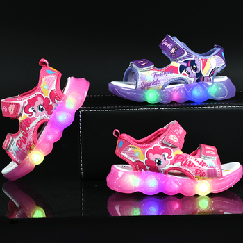 Sandale de plajă pentru fete cu prințesa din desene animate, închidere Velcro, partea superioară din piele sintetică, talpă TPR, lumini