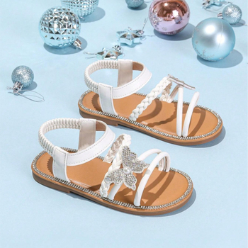 Sandale plate cu fundă din strasuri și curea elastică; partea superioară PU, talpă PVC, vârf rotund, pentru fete