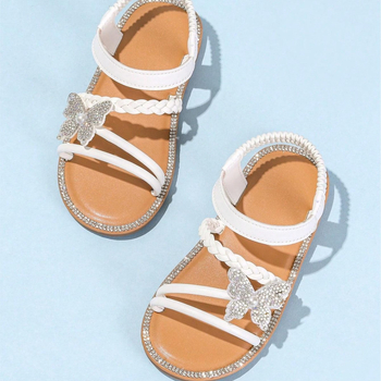 Sandale plate cu fundă din strasuri și curea elastică; partea superioară PU, talpă PVC, vârf rotund, pentru fete