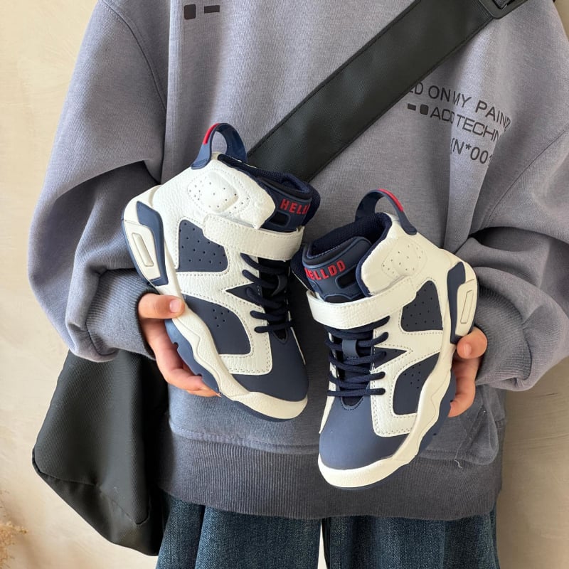 Gyerekeknek készült magas szárú kosárlabda sportcipő Velcro-zárással, könnyű, csúszásmentes, felső része szuper rostból, gumitalppal