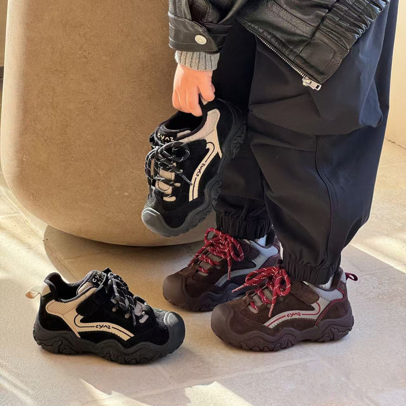 Pantofi de drumeție pentru copii, unisex, închidere Velcro, partea superioară din piele de porc și microfibră, talpă din cauciuc, izolație groasă, antiderapare, pentru iarnă 2025