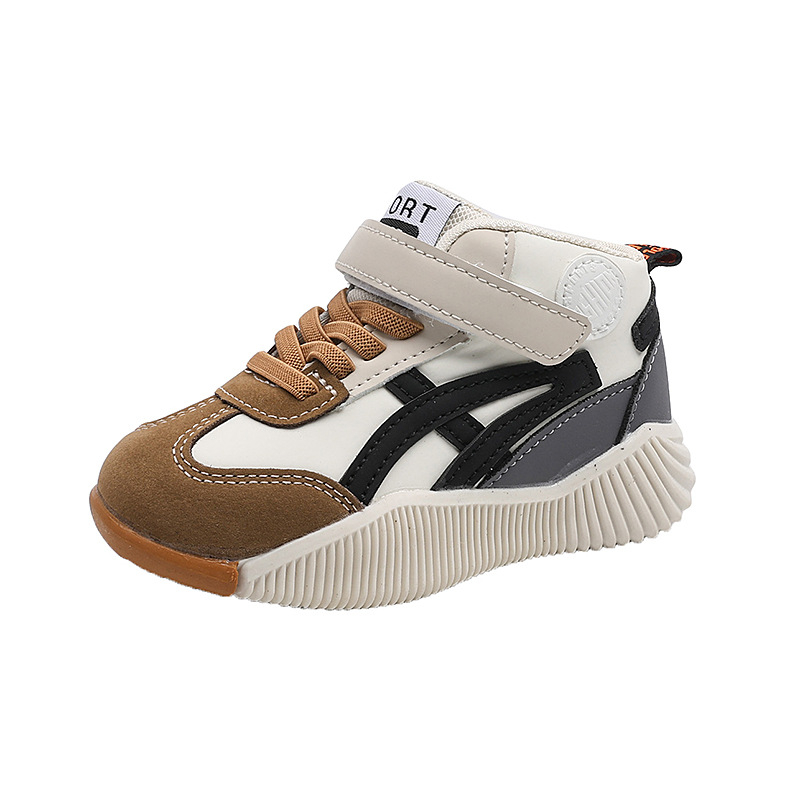 Pantofi sport pentru copii, mid-top, unisex, din piele sintetică, model în dungi, talpă din cauciuc antiderapantă, rezistenți la uzură, închidere cu Velcro.